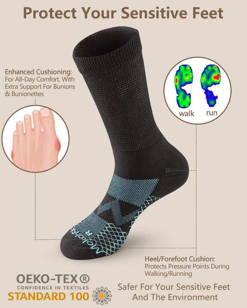 [Australia] - Diabetic Crew Socks for Men Women, COOLMAX LYCRA Moisture-Wicking Non-Binding Socks Neuropathy Sock, 3 Pairs Large Black 