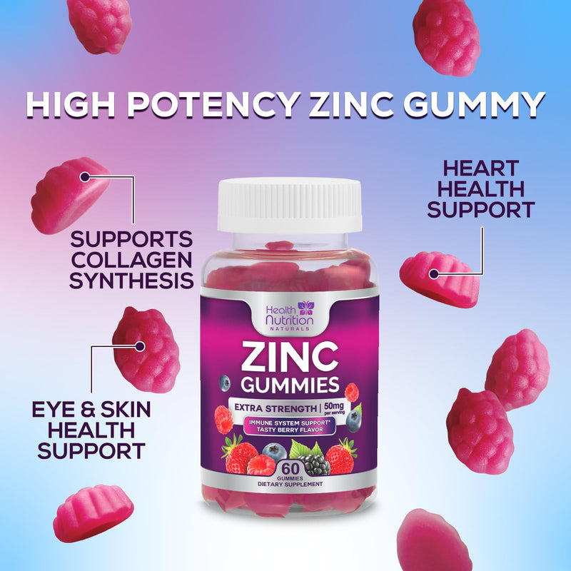 [Australia] - Zinc Supplement 50mg Gummies for Adults - Max Strength Skin Health & Immune Support Gummy, Vegan, Non-GMO & Gluten Free, Nature‚Äôs Antioxidant & Bone Health Chewable Tasty Berry Flavor - 60 Gummies 60 Count (Pack of 1) 