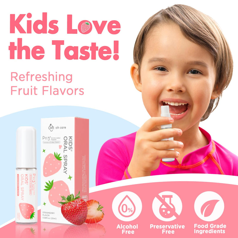 Mouth Spray for Kids Toddler Toothpaste Helper Fluoride Free Baby Toothpaste Cavity Protection Oral Care with Natural P113+ Antibacterial Peptide for Newborns to Age 12(Strawberry) Strawberry