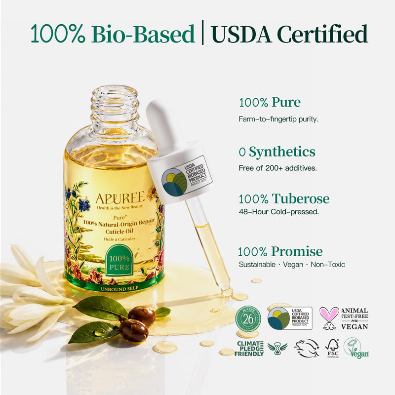 APUREE 100% Bio-Based Cuticle Oil 1 fl oz with Organic Tuberose Extract | Deep Moisture for Dry Cuticles & Weak Thin Nails, Nail Strengthening & Growth Oil with Jojoba Oil & Squalane, USDA Verified White