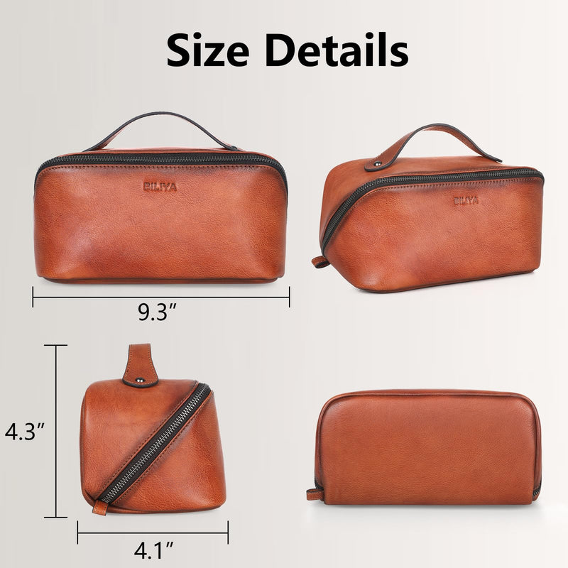 Hand Rubbed Genuine Leather Makeup Bag Vintage Brown Cowhide Cosmetic Case with Handle Handmade Travel Organizer for Women