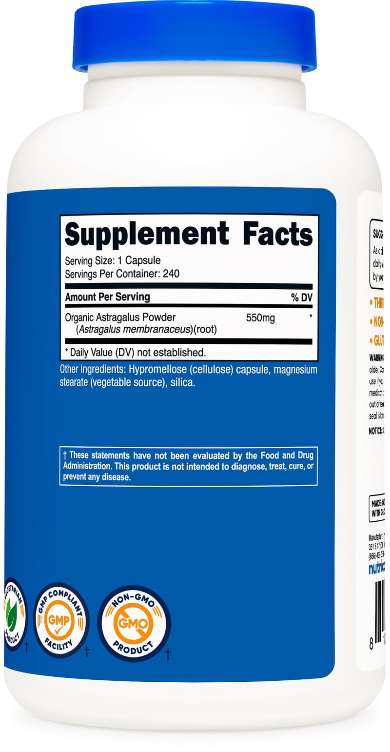 [Australia] - Nutricost Astragalus Capsules 550mg, 240 Vegetarian Capsules - Non-GMO and Gluten Free 