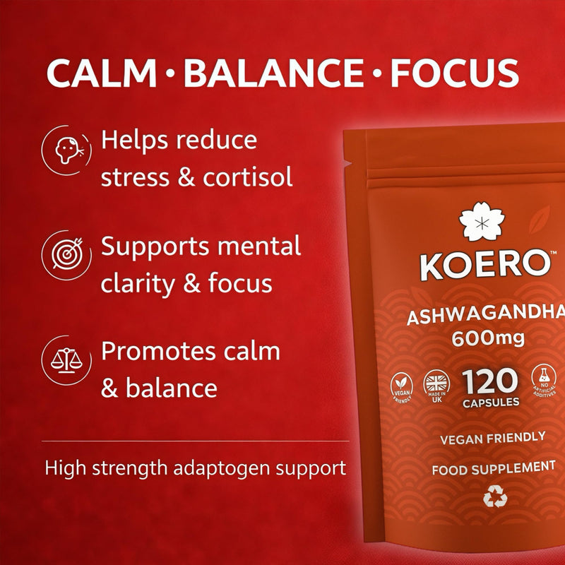 KOERO Ashwagandha 600mg – High Strength Adaptogen Capsules – Supports Calm, Stress & Focus – 120 Capsules – UK Made