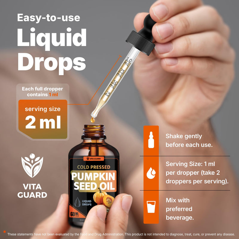 [Australia] - Cold Pressed Pumpkin Seed Oil Liquid Drops ‚Äì 2000mg per Serving | Vegan, Gluten-Free, Non-GMO | Hair, Skin & Prostate Support | Natural Pumpkin Flavor | 60ml Dietary Supplement 