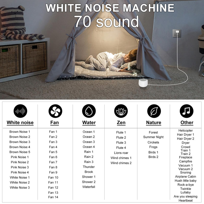 [Australia] - BIGMONAT White Noise Sleep Aid with Remote Control, with 70 Natural Soothing Sounds and AC Adapter, with Memory and Timing Functions to Improve Insomnia-White White-1 