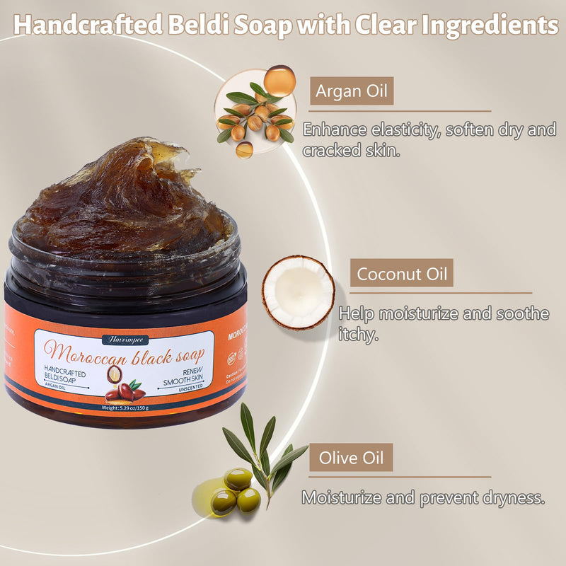 2 Pack Organic Moroccan Black Soap Soften Skin, Moisturizing Beldi Soap | with Argan Oil and Vitamin C Even Tone, Moroccan Hammam Kit, Fragrance Free, 5.29 oz/150 g