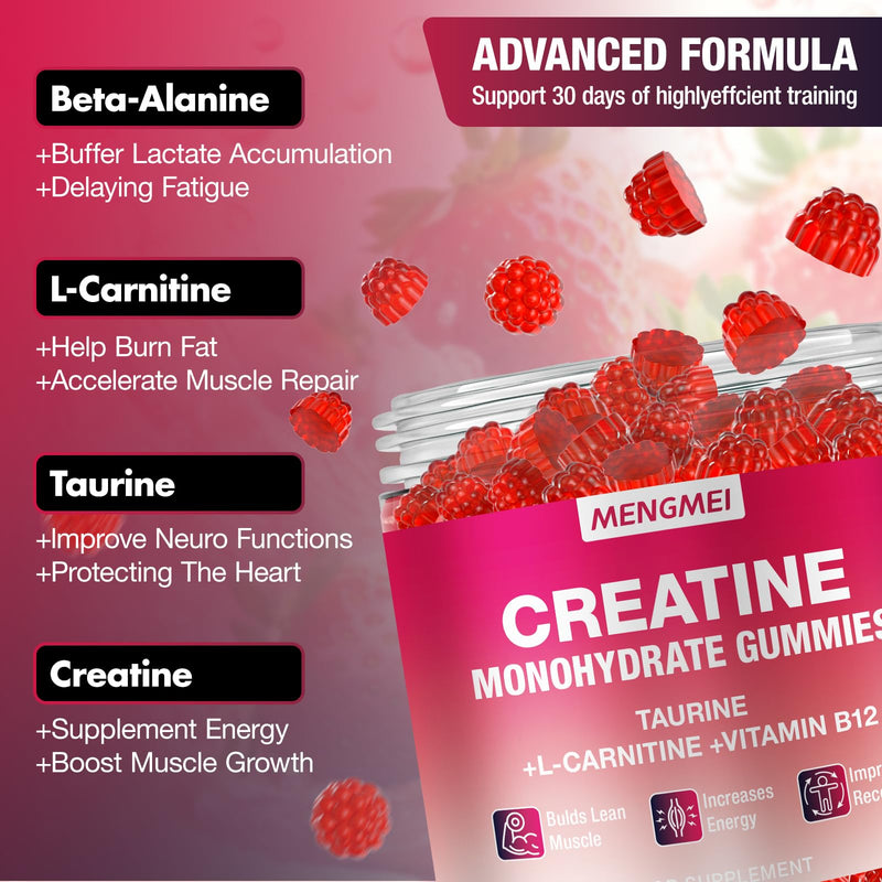 Creatine Gummies Complex, Creatine Monohydrate Gummies for Muscle Growth, Strength & Energy Support, Enhanced with Taurine & Vitamin B12, Pre-Workout Gummies for Men & Women, 120 Count 120 count (Pack of 1)