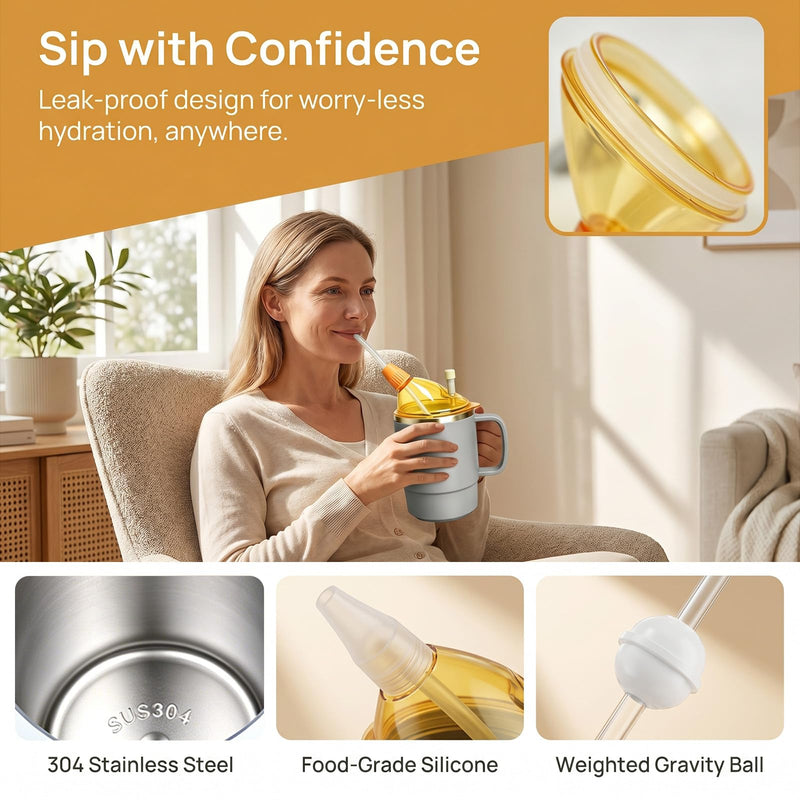 4 in 1 Sippy Cup for Adults, 500ml Adult Sippy Cups for The Elderly Non Spill, Anti Choke Spill Proof Cups with Lid, Long Straw, Sip Spout, & Straw Brush, Beakers for Seniors, Disabled, Dysphagia-Grey