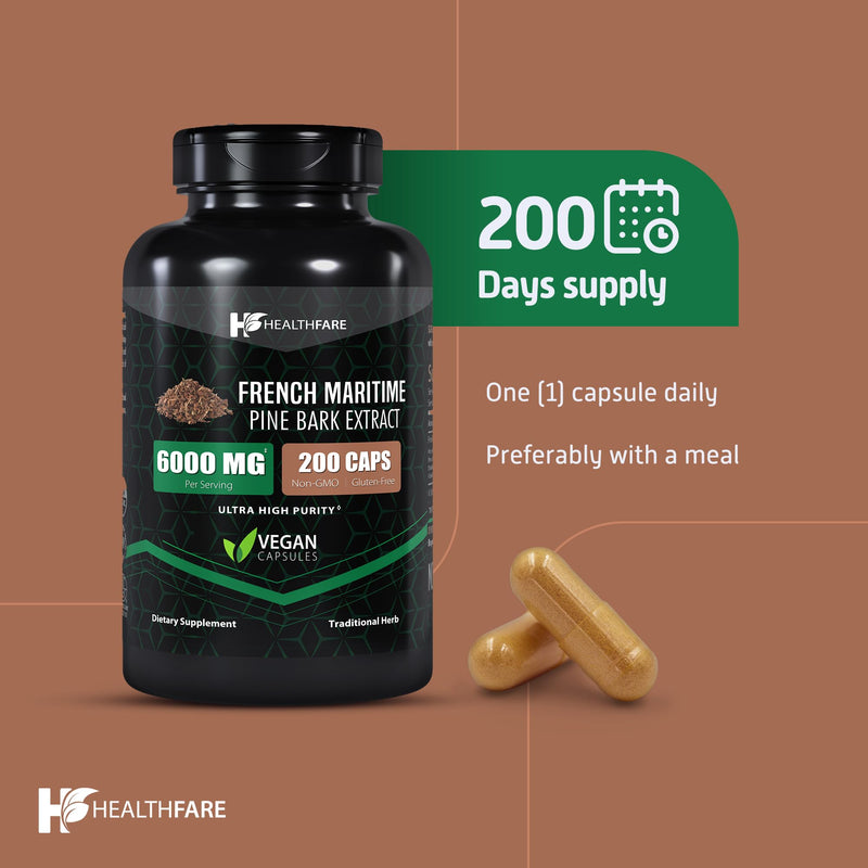 [Australia] - French Maritime Pine Bark Extract Organic | 6000 mg | 200 Capsules | Standardized to Contain 95% Proanthocyanidins | Non-GMO Gluten Free | Ultra High Purity Max Potency Extract Formula 