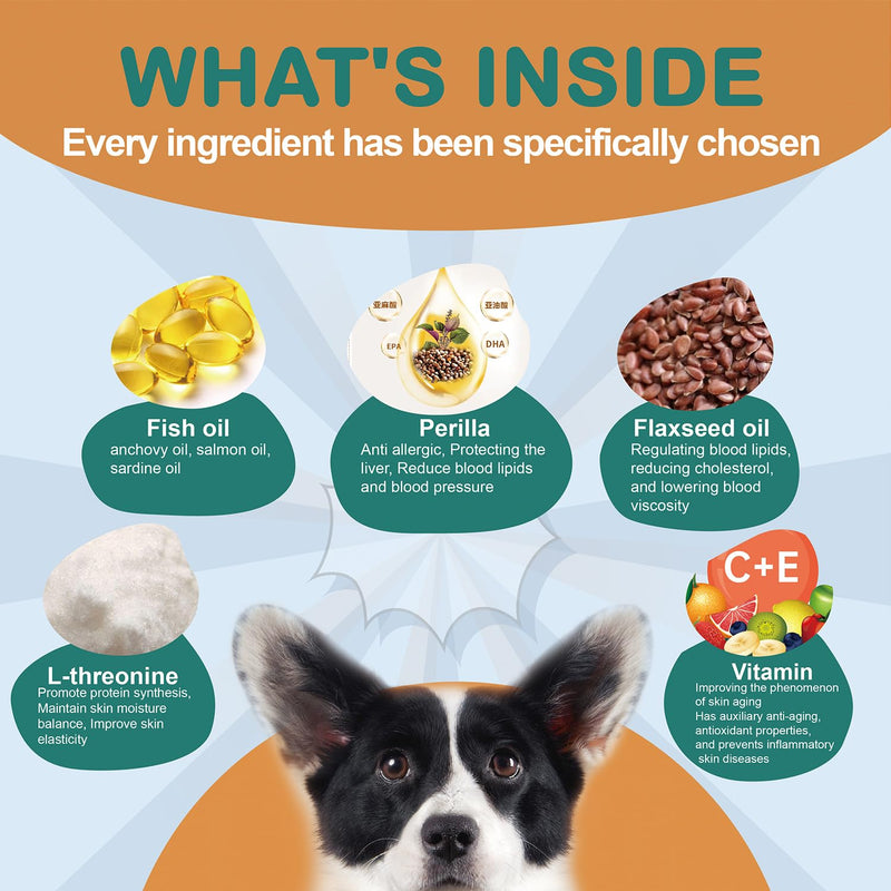 Pet Skin and Coat Care - Omega 3 Fish Oil 200 Chews for Dogs Healthy Skin | Shiny Fur | Against itching in a Treat Format, All-in-1 Oil (Salmon, Anchovy, Sardine, Perilla Oil, Flaxseed Oil) - PawsPlanet Australia