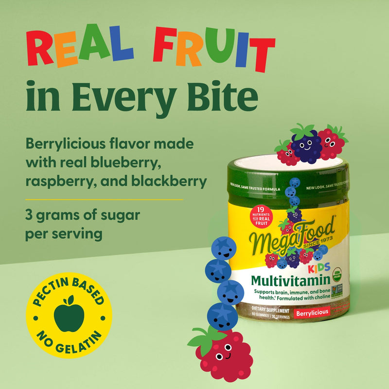 [Australia] - MegaFood Kids Multivitamin Gummies - Kids Vitamins - Age 4+ with Vitamin C, Vitamin D, Zinc, Choline, and Real Fruit - Brain & Immune Support - Berrylicious Flavor - 60 Gummies (30 Servings) Mixed Berries 60 Count (Pack of 1) 
