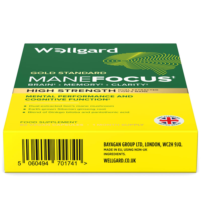 Wellgard Manefocus - Lions Mane Supplement Capsules for Mental Performance, Brain Health, Memory, Clarity, 60 Capsules