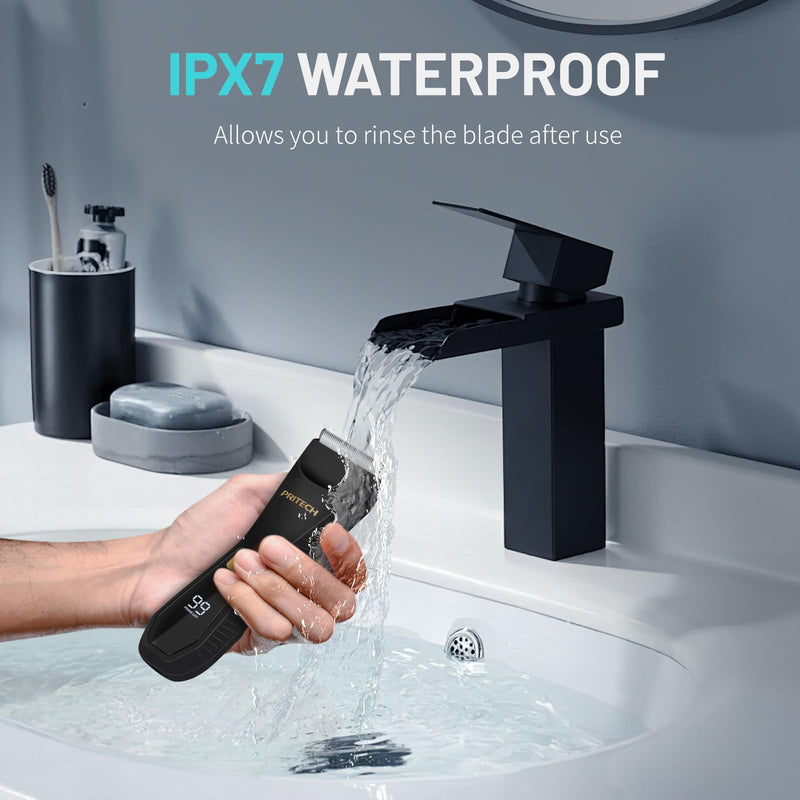 PRITECH Pubic Hair Trimmer for Men - Waterproof Body Hair Trimmer, Ceramic Blade Body Shavers for Men with USB-C Charging, Wet & Dry Use & Nick-Free Design, Balls & Sensitive Skin Safe (Black)