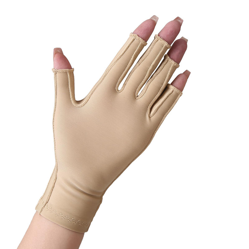 [Australia] - NURCOM Compression Arthritis Gloves Support for Women & Men, Relieve Pain & Swelling from Arthritis, Carpal Tunnel, Tendinitis, Tendonitis, Single Glove for Left & Right Hand, Open Finger Beige Small Beige(single Fits Both Hands) 