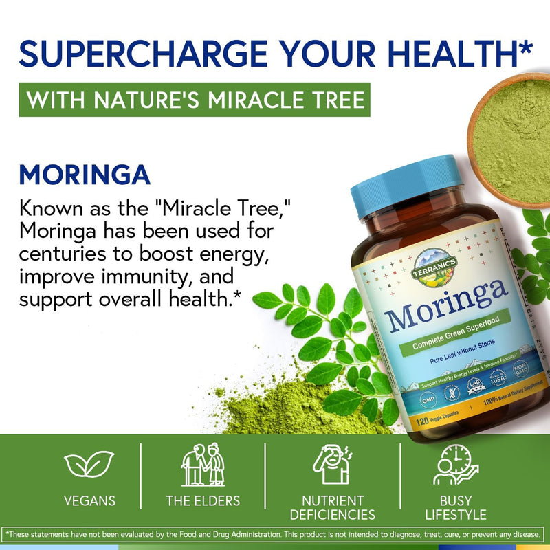 Terranics Moringa Capsules, Pure Moringa Oleifera Leaf Powder, Energy, Skin, Immune Health, Non GMO, No Gluten, Natural Green Superfood Supplement, 120 Vegan Caps 120 Count (Pack of 1)