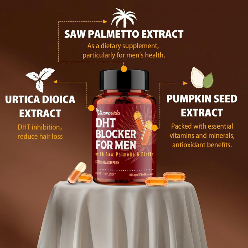 DHT Blocker for Men | Hair Growth Supplement with Saw Palmetto & Biotin - Hair Growth Vitamins - Hair Regrowth - Natural Hair Loss Supplements Liquid-Filled - Proprietary Herbal Blends (90 Capsules) 90 Count (Pack of 1)