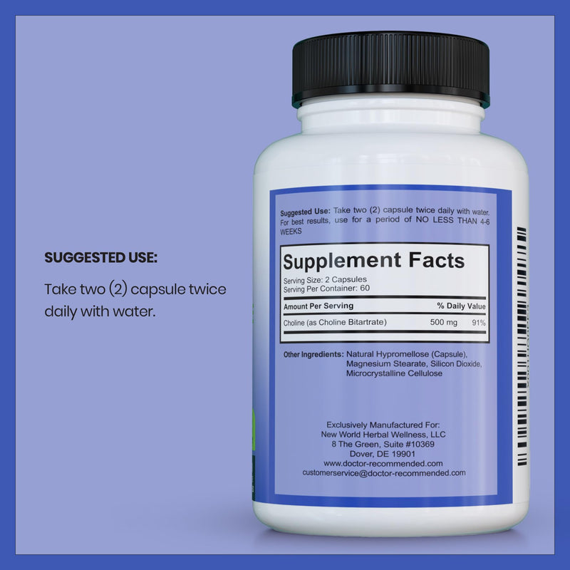 [Australia] - Premium Choline - 500 mg - 120 Veggie Capsules - by DOCTOR RECOMMENDED SUPPLEMENTS - Supports Cognitive Health, Memory & More 120 Count (Pack of 1) 