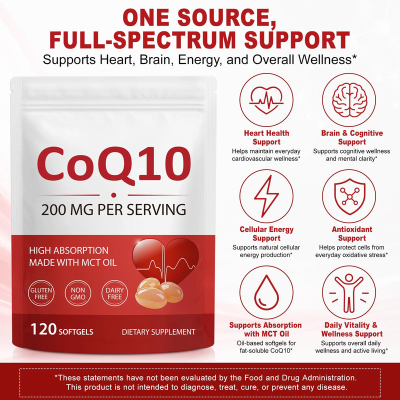 CoQ10 Supplement, 120 Softgels Coenzyme Q10 High Strength 200mg Fermented Coenzyme Q10 Ubiquinone 2-in-1 Formula Naturally Co Enzyme CQ10 with MCT Oil Non-GMO