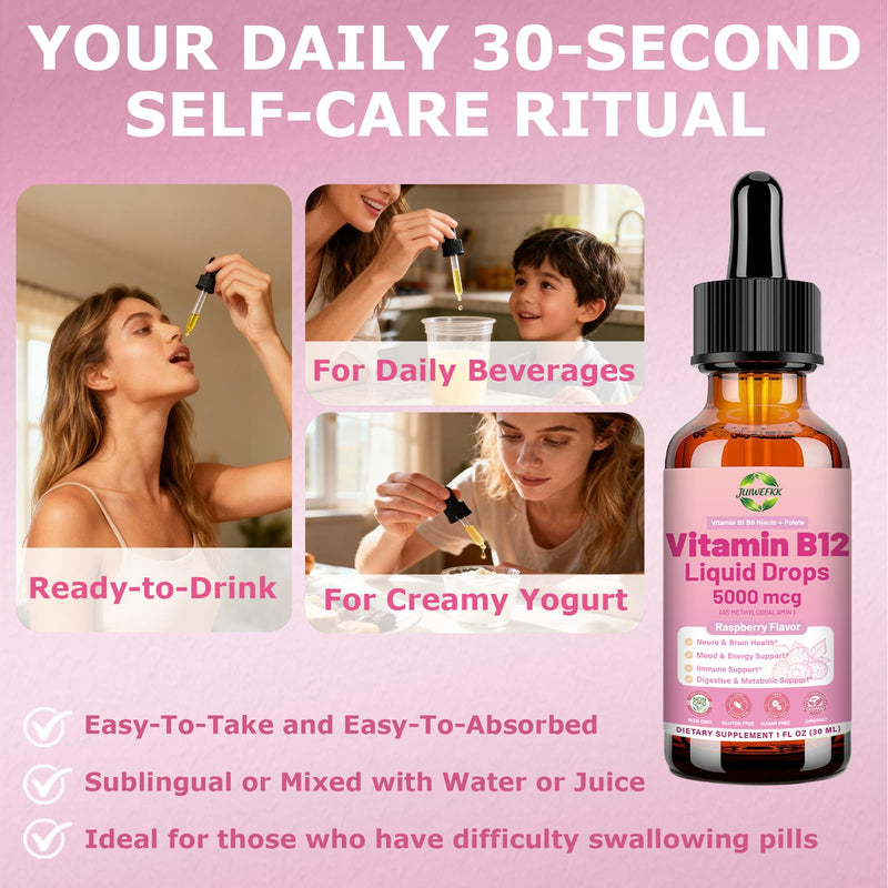 Liquid Vitamin B12 Drops 5000 mcg - Extra Strength B12 Methylcobalamin | with B1 B6 B3 Folate Niacin -Fast Absorption Sublingual B-12 Drops for Energy Metabolism & Brain Function, Vegan B Complex Raspberry 1 Fl Oz (Pack of 1)