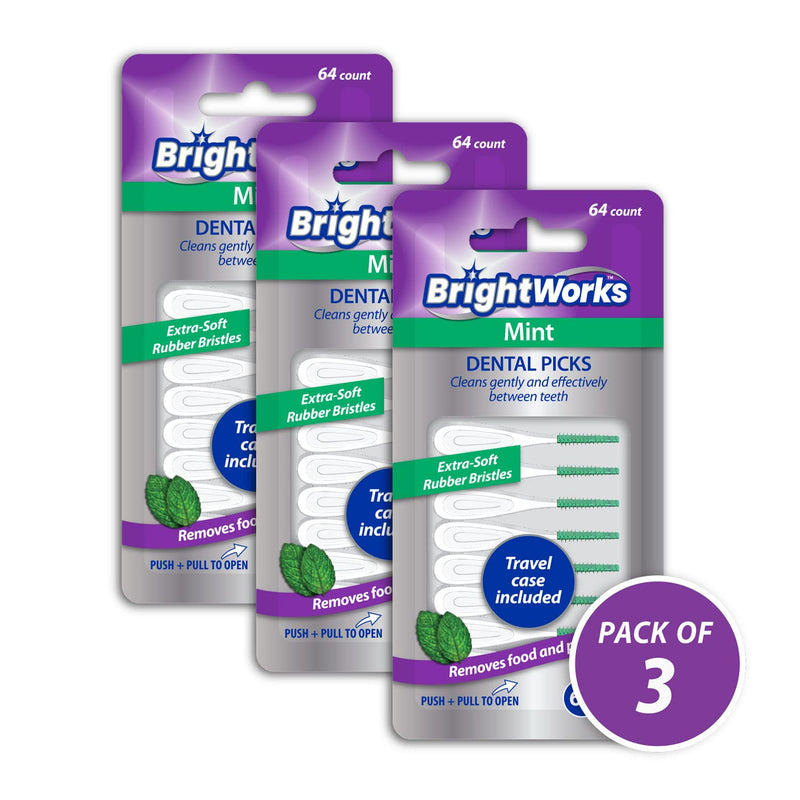 [Australia] - BrightWorks Mint Dental Picks, with Extra Soft Rubber Bristles and Flexible Tip, Clean Gently and Effectively Between Teeth, Travel Case Included, 3 Packs (64 Per Pack) [192 Total Picks] 