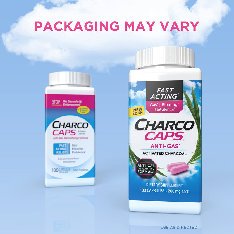 [Australia] - Charcocaps Fast Acting Gas Relief for Bloating & Flatulence, Drug Free Detoxifying Activated Charcoal Formula, 100 Capsules, 30 Day Supply, Pink 100 Count (Pack of 1) 
