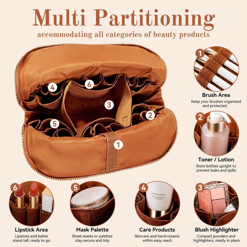 27-Pocket Travel Makeup Bag, Foldable Cosmetic Organizer, Brown | 27 pockets, 3 brush slots, adjustable dividers, waterproof PVC, foldable standing, parallel design, for travel home gym