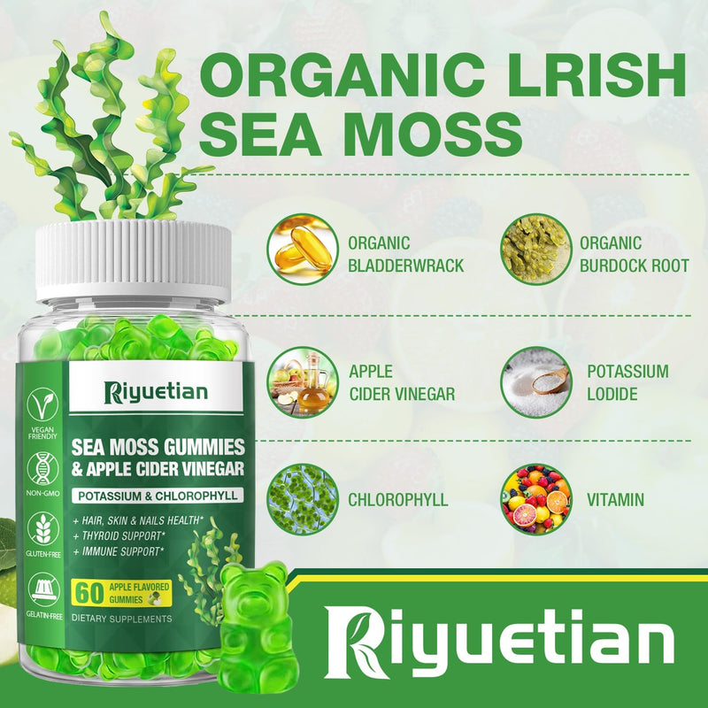 2 Pack Sea Moss Gummies - 120 Vegan Irish Moss Gummy Bears - Made with Natural & Organic Sea Moss Gel, Bladderwrack & Burdock Root - Seamoss Supplement for Energy, Immune Support 60 Count (Pack of 2)