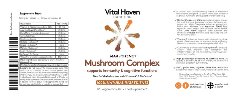 Mushroom Supplement - Lions Mane, Reishi, Cordyceps, Shiitake, Maitake, Chaga, Agaricus Blazei, Tremella with VIT C - UK Made