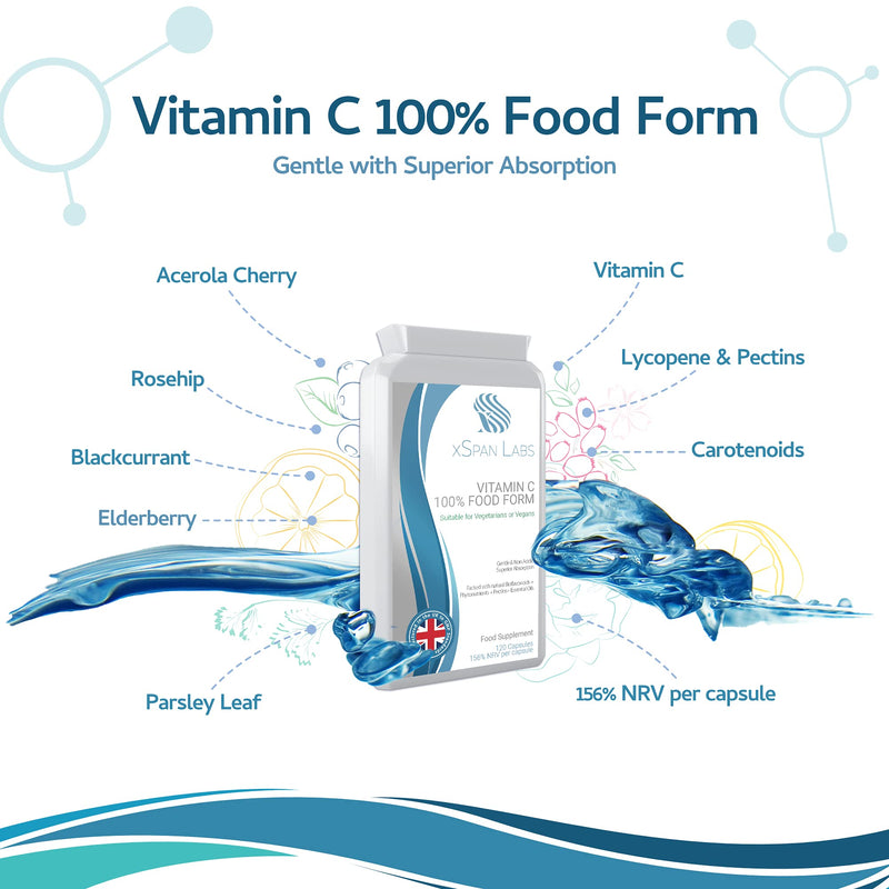 Vitamin C 100% Food Form 120 Capsules – All Natural Food Form - Gentle & Non-Acidic