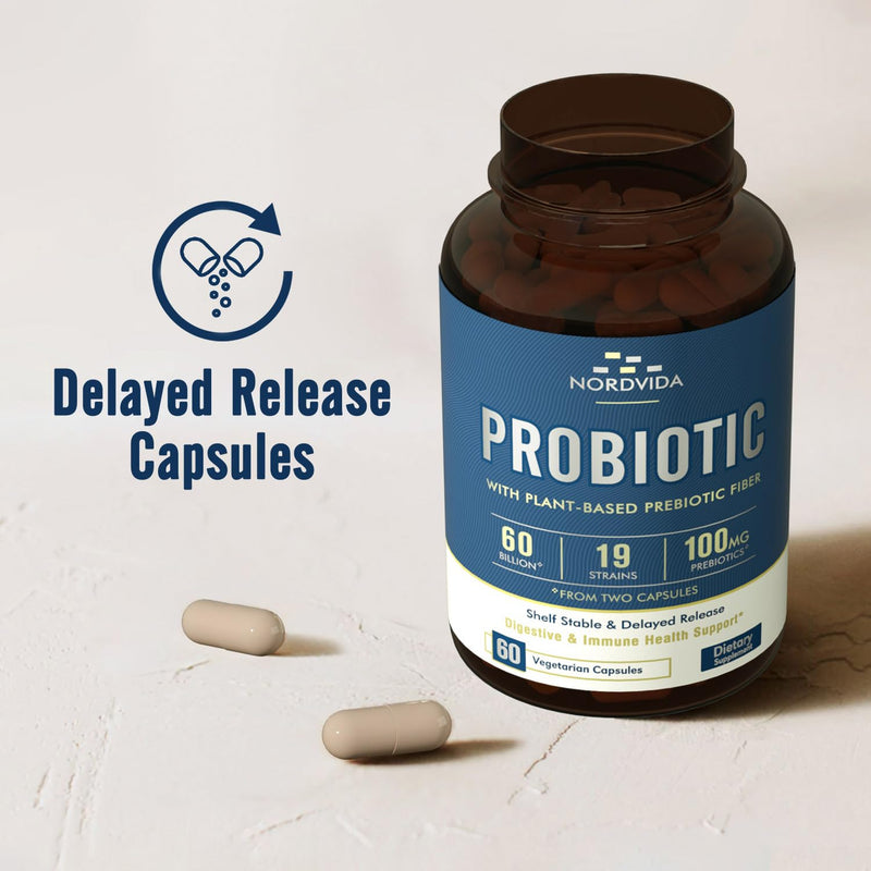 [Australia] - Probiotic 60 Billion 19 Strains with Organic Prebiotic for Men & Women, Digestive & Immune Health, Shelf Stable Delayed Release, Non-GMO No Dairy, 60 Vegan Caps 60 Billion CFUs for Men and Women 