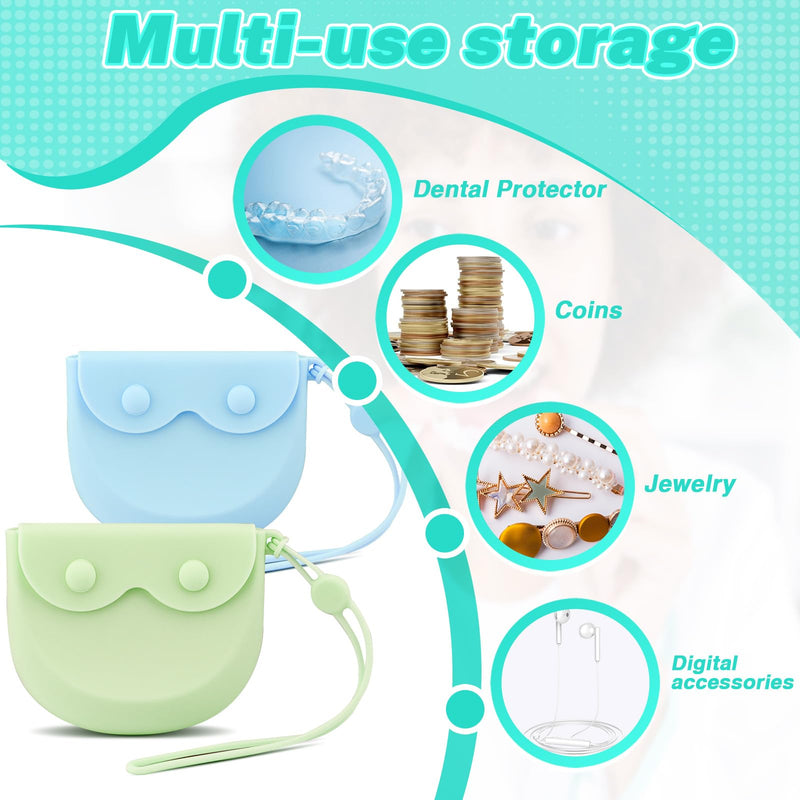 2Pcs Silicone Retainer Case with Vent Holes, Unbreakable Retainer Holder with Hand Strap Slim Retainer Container Box for Travel Partial Denture Night Mouth Guard Aligner Case (Green + Blue) Green + Blue