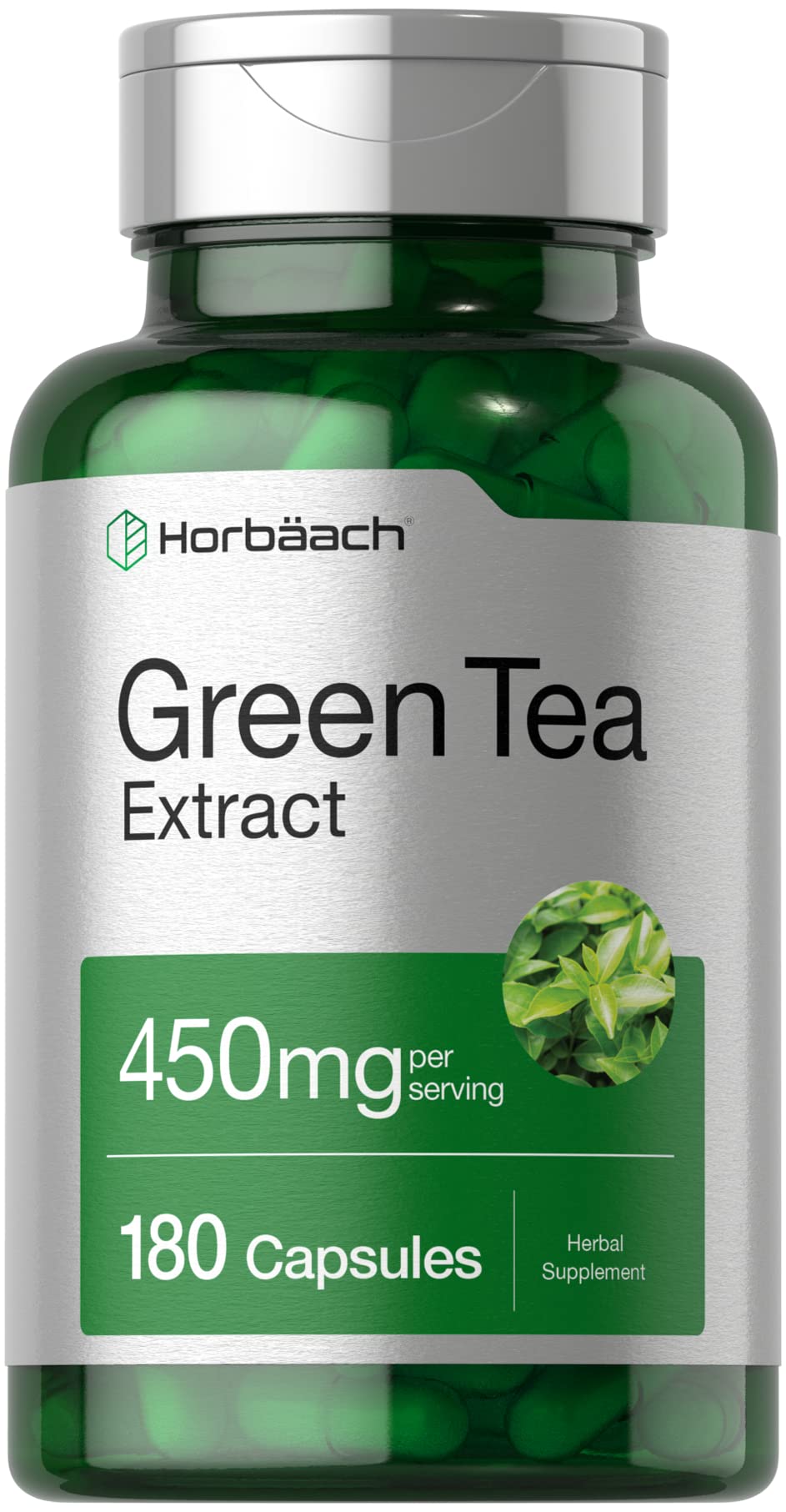 Horbäach Green Tea Extract Capsules 450mg | 180 Count | Herbal Supplement | Non-GMO and Gluten Free