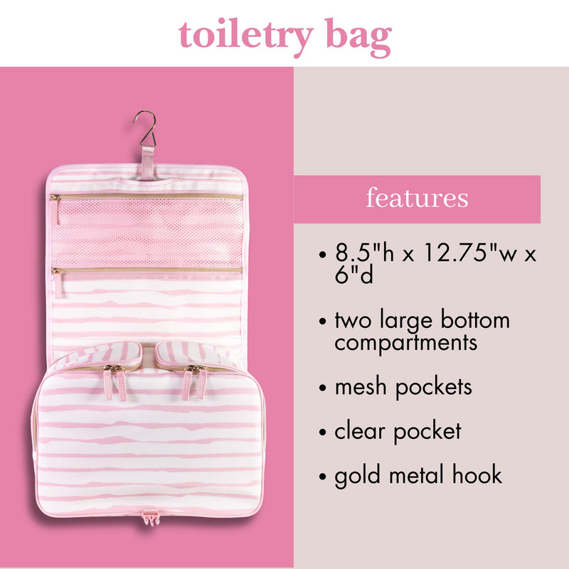 kate spade new york Hanging Toiletry Bag, Goddess Stripe | 8.5" x 12.75" x 6" Travel Organizer with Gold Hook, 2 Large Bottle Compartments, Mesh & Clear Pockets, Nylon & Mesh