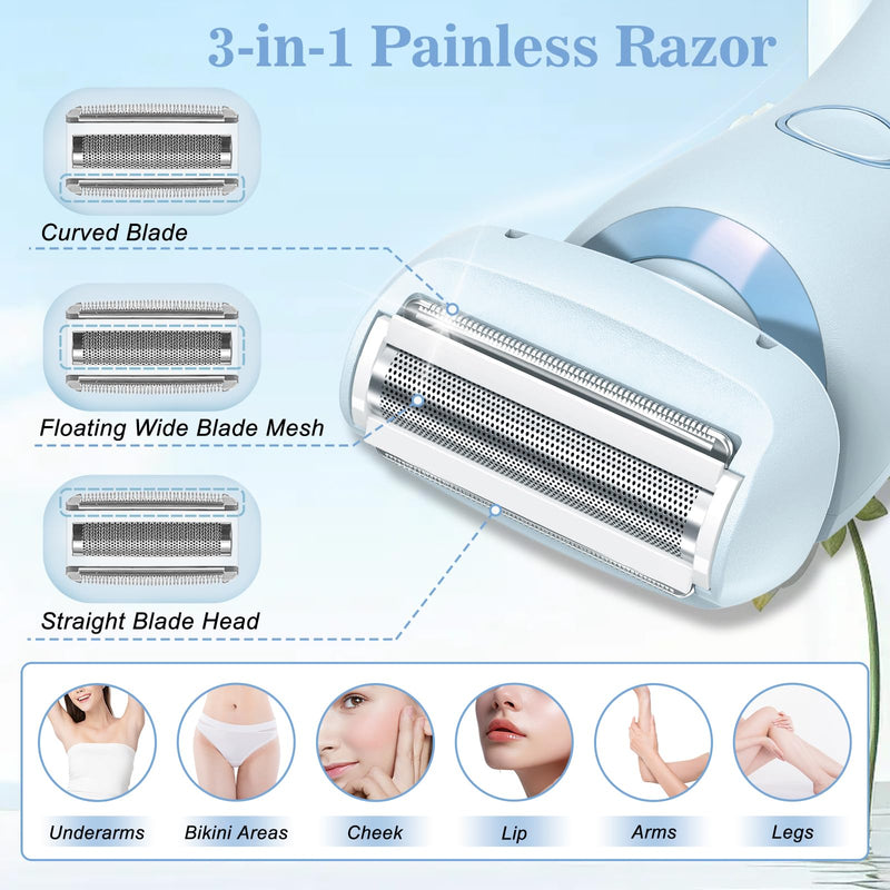 Electric Shaver for Women, 2 in 1 Wet & Dry Bikini Trimmer with 2 Removable Heads, Painless Hair Removal for Bikini, Legs, Underarms, Body (Blue)