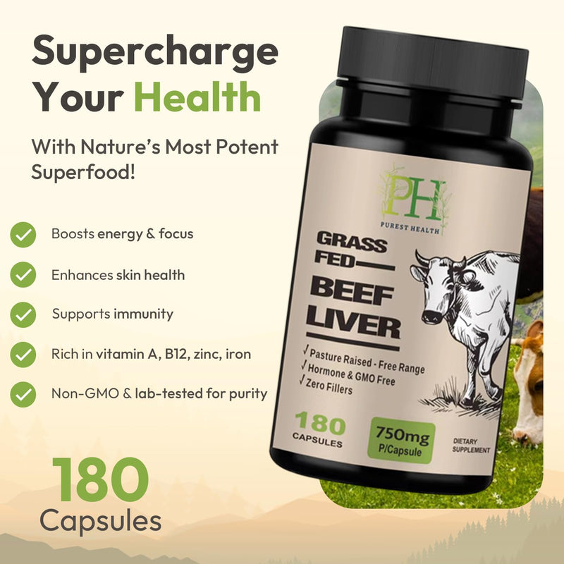 Beef Liver Capsules Grass-Fed from New Zealand – Natural Multivitamin for Energy, Iron & Focus – 750mg High Strength – 180 Capsules – No Fillers, Non-GMO 180 count (Pack of 1)