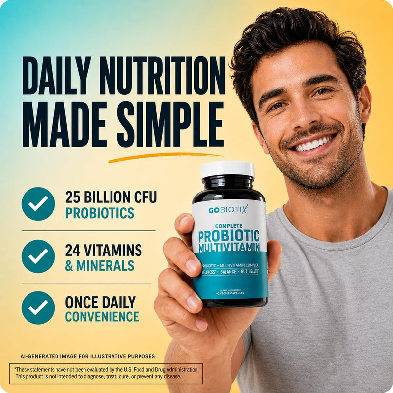 GOBIOTIX Multivitamin with Probiotics and Digestive Enzymes - 25 Billion CFU - Digestive Health, Probiotics for Women and Men - Gluten Free Pills - 90 Capsules 90 Count (Pack of 1)