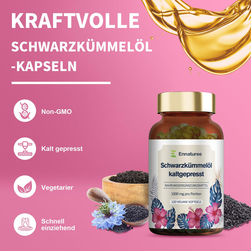 [Australia] - Black cumin oil capsules with vitamin E Natural and cold pressed Black cumin oil 1000mg per daily dose High dosage Vegan 120 capsules German premium quality 
