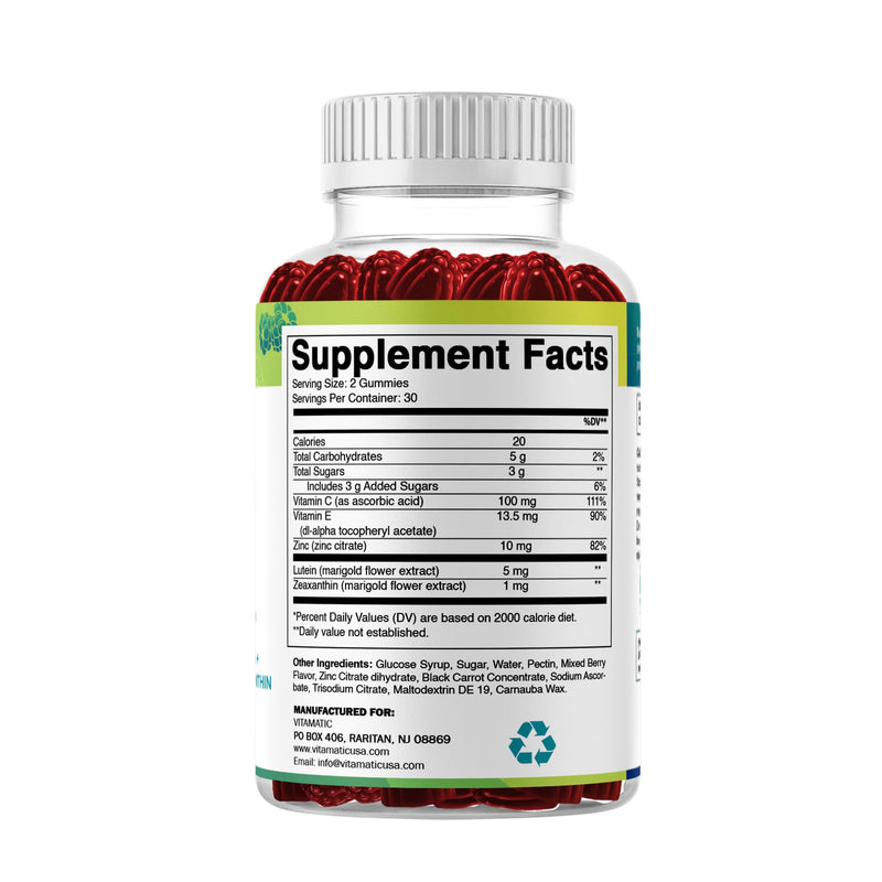 Vitamatic Eye Health Gummies with Lutein, Zeaxanthin, Vitamin C, E & Zinc – Mixed Berry Flavor – 60 Gummies –Non-GMO, Gluten-Free 60 Count (Pack of 1)