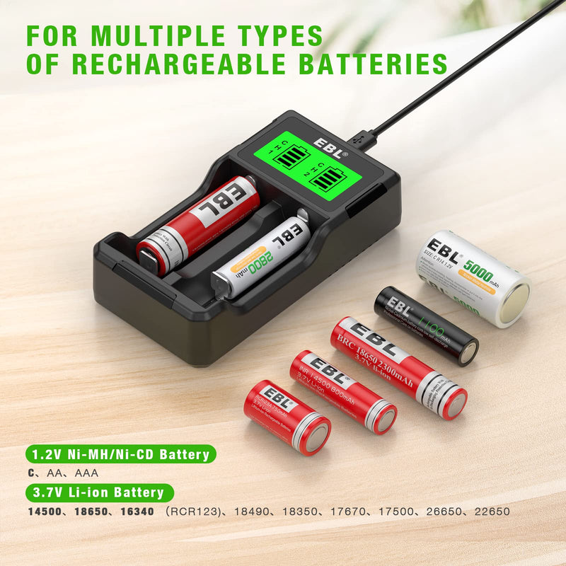 EBL Universal 18650 Battery Charger for 3.7V lithium ion Rechargeable Batteries 26650 22650 18650 18490 18350 17670 17500 16340 (RCR123) 14500 and 1.2V Ni-MH Ni-CD Rechargeable C AA AAA Batteries