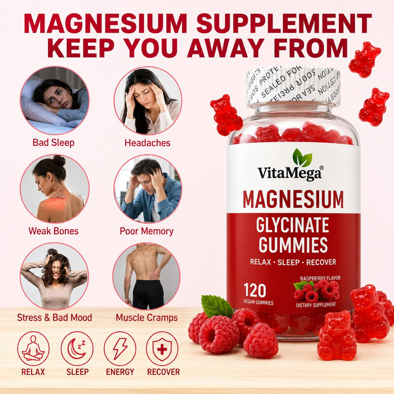 Magnesium Glycinate Gummies 120 Vegan Gummies | High Absorption Magnesium Supplement for Women & Men | Sleep, Relaxation & Muscle Support | Raspberry Flavour | Sugar Free Magnesium Gummies