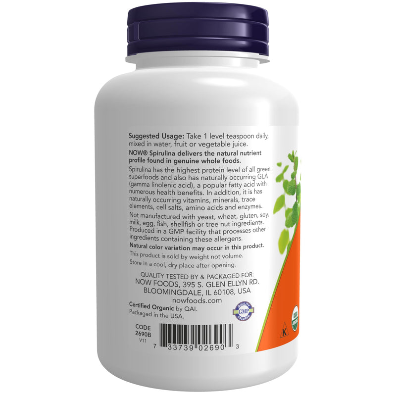 NOW Foods Supplements, Certified Organic, Spirulina Powder, Rich in Beta-Carotene (Vitamin A) and B-12 with naturally occurring GLA & Chlorophyll, 4-Ounce 4 Ounce (Pack of 1)