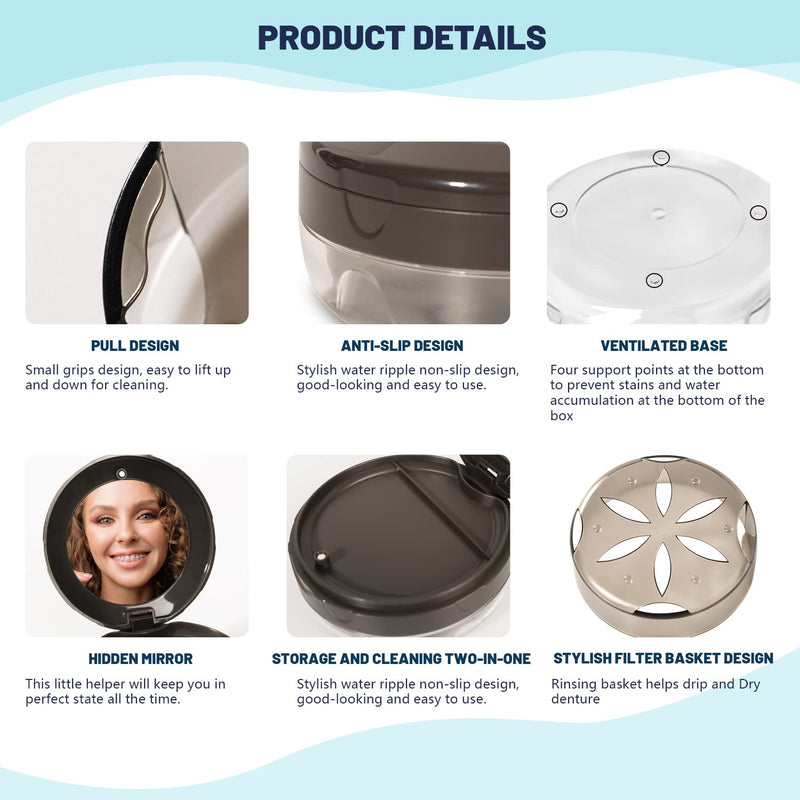 [Australia] - Denture Cup Retainer Case, Definitely No-Leak, Denture Bath Case, Denture Case, Retainer Cleaning Box for Traveling, Denture Cup with Strainer & Mirror (Grey) Grey 