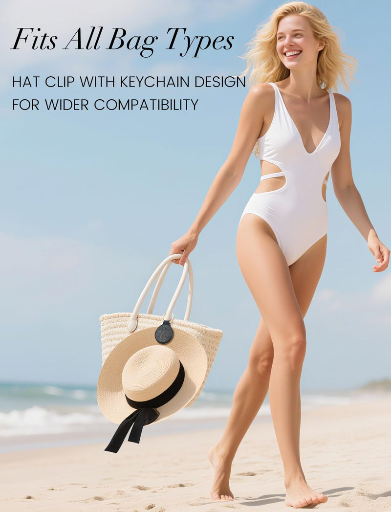 Niveaya Magnetic Hat Clip for Travel on Bag, Secure Hat Holder - 2 Pcs | Strong Magnet Hook, Genuine Leather, Hands-Free, Cruise Airport Beach Vacation Traveling Essentials, Gift for Women 2pcs Black+beige