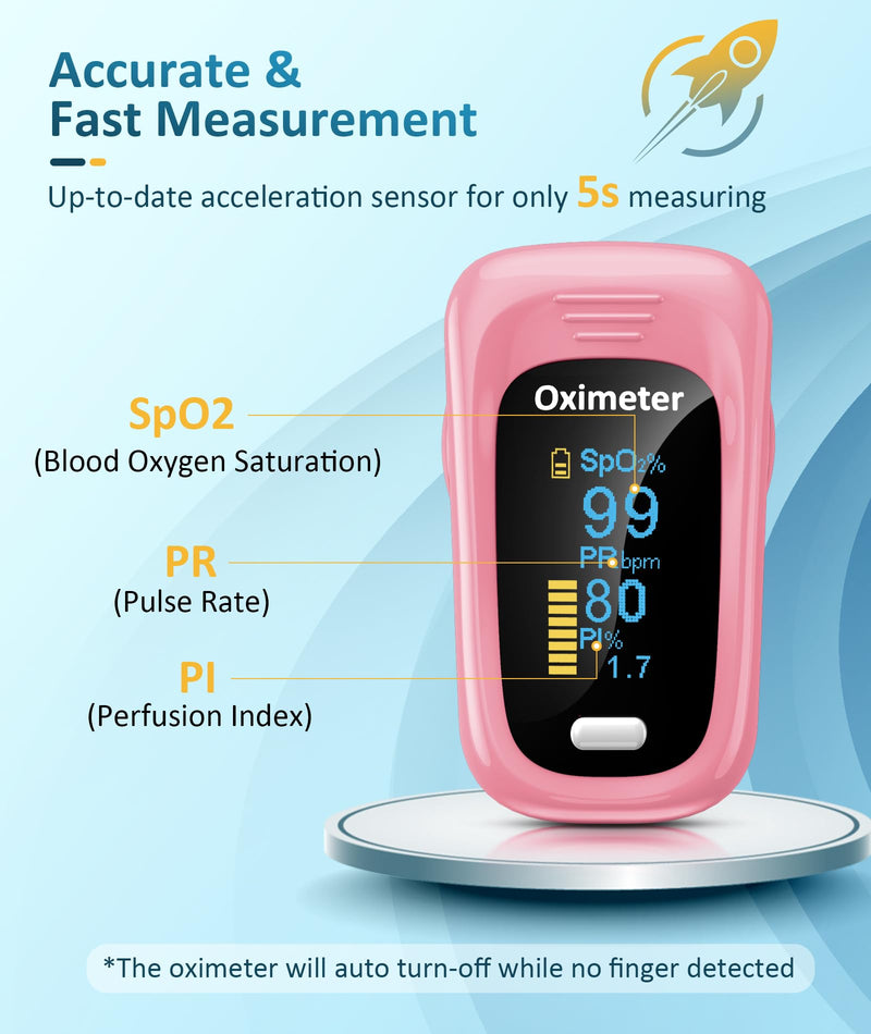 Fingertip Pulse Oximeter with Fast & High-precision SpO2 Measurement, Blood Oxygen Saturation & Pulse Rate Monitoring, OLED Screen with Large Fonts (Pink)