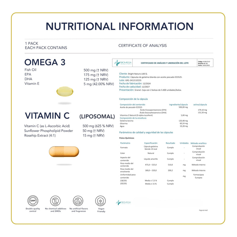 Liposomal Vitamin C, Omega 3 TG Ultra - SmartAbsorb™ | for Immunity, Brain Function & Nervous System | 56 Daily sachets OVC