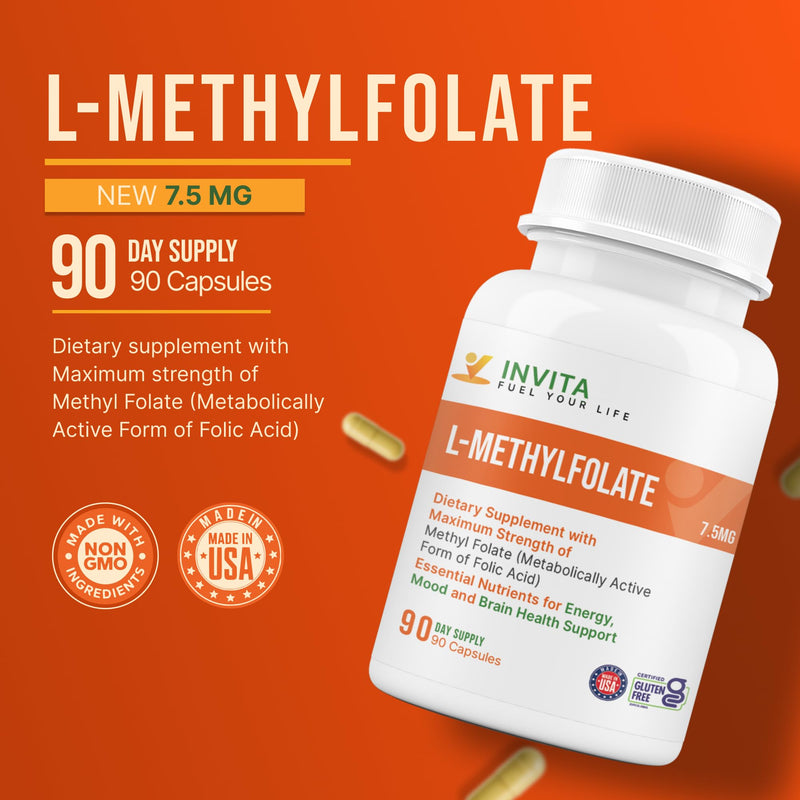 INVITA L-Methylfolate 7.5mg – Physician Formulated Active Methyl Folate - 5-MTHF Supplement for Energy, Mood & Brain Health Support - Non GMO, Gluten Free, 90 Capsules (3 Month Supply) 7.5 mg