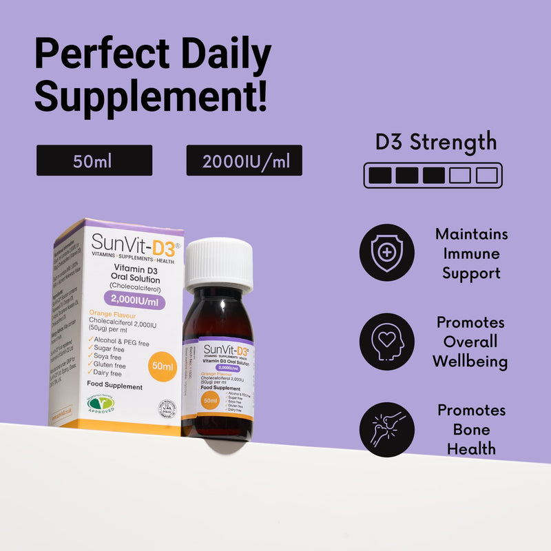 SunVit-D3 Vitamin D3 2000IU Oral Solution - Vitamin D for Kids | Cholecalciferol Vitamin D Drops Baby | Supports Bone, Teeth, Muscle & Immune System (50ml Orange Flavor) 50 count (Pack of 1)