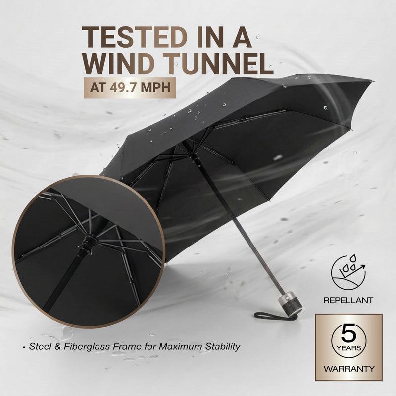 Knirps C.041 Chrome Matt Manual Rain Umbrella for Adults – Vegan Leather Handle, Wind Resistant Design, Lightweight Steel Fiberglass Frame, 39in Canopy, Protective Sleeve Included Black