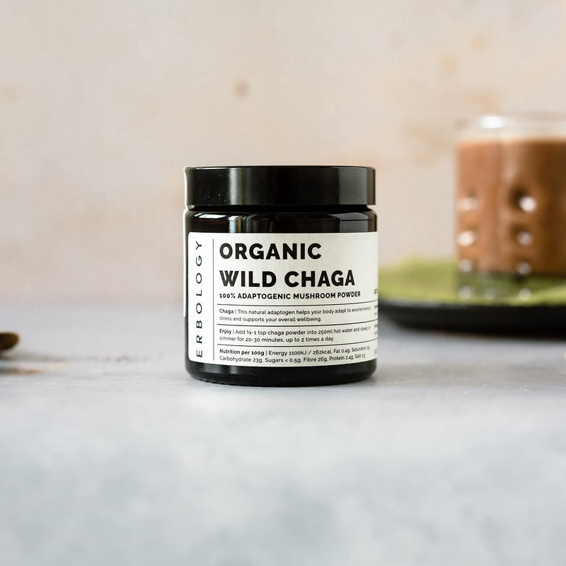 Erbology Organic Chaga Mushroom Powder 50 Servings - 7% Beta-glucans - Immunity Support - Inonotus Obliquus - Small Batch - Sustainably Wild Harvested in Finland - Vegan - Non-GMO - No Added Fillers