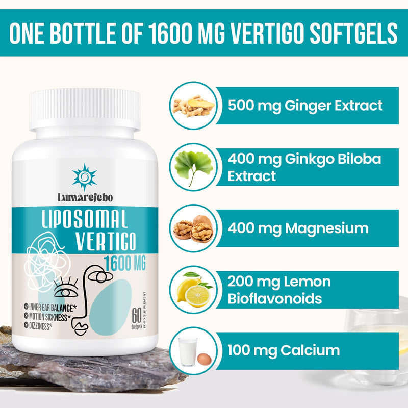 Liposomal Vertigo Softgel 1600mg, Inner Ear Balance Supplement with Ginger & Ginkgo Extract, Motion Sickness & Dizziness Balance, 60 Softgels (Pack of 2) 60 count (Pack of 2)